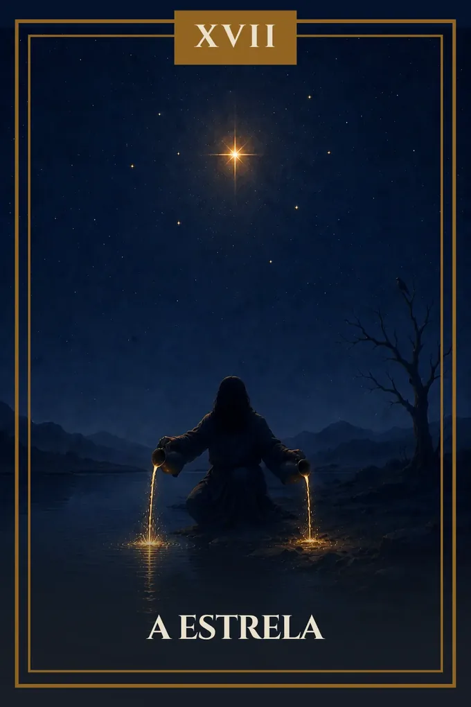 A Estrela: figura ajoelhada à margem de um lago vertendo água acesa de dois jarros, sob uma estrela grande cercada de estrelas menores