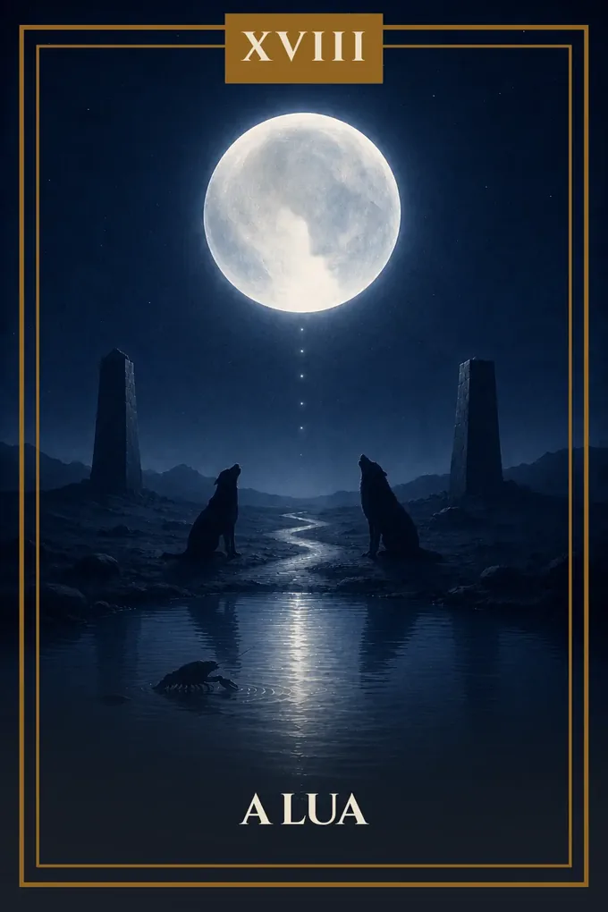 A Lua: lua cheia em luz prateada sobre um caminho que sai da água e segue entre duas torres, com um cão e um lobo uivando de cada lado